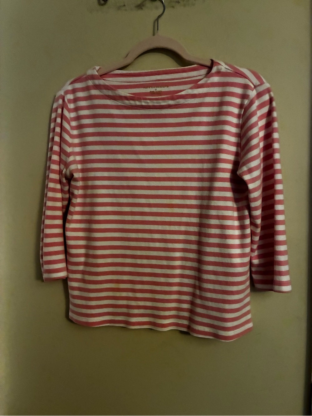 Ladies Appleseeds Pink and White Striped 3/4 Long Sleeve Top